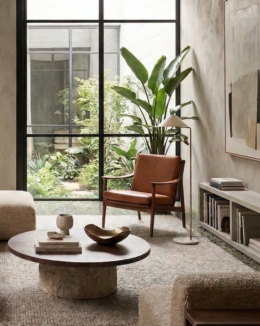 Cognac mid-century leather armchair with a floor lamp in front of the glass wall facing the courtyard garden, and a round coffee table on a stone base in the foreground