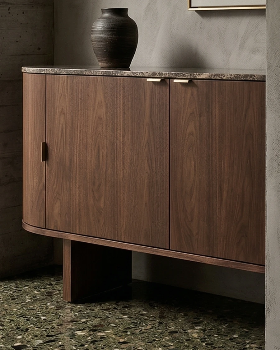 Walnut sideboard with rounded corners, a stone top and slim brass handles, a dark ceramic vase on top and terrazzo flooring below