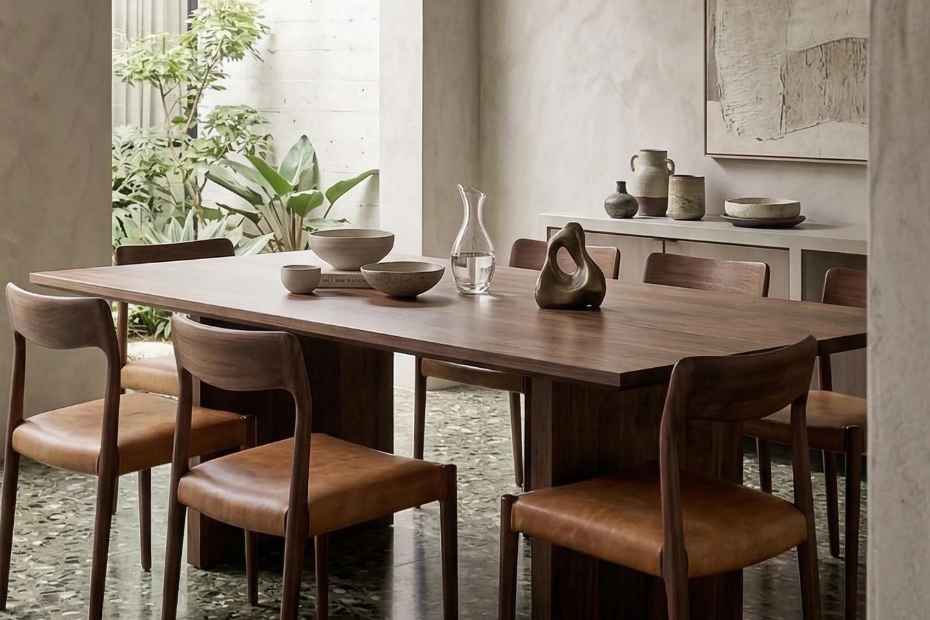 Dark walnut dining table with ceramic bowls, a glass carafe and a small sculpture, surrounded by leather-seated wooden chairs