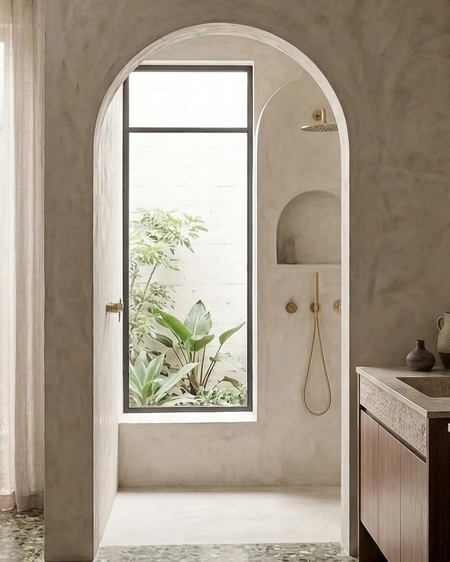 Shower with an arched opening, textured wall finish, brass fittings, a wall niche and a tall window onto the plants