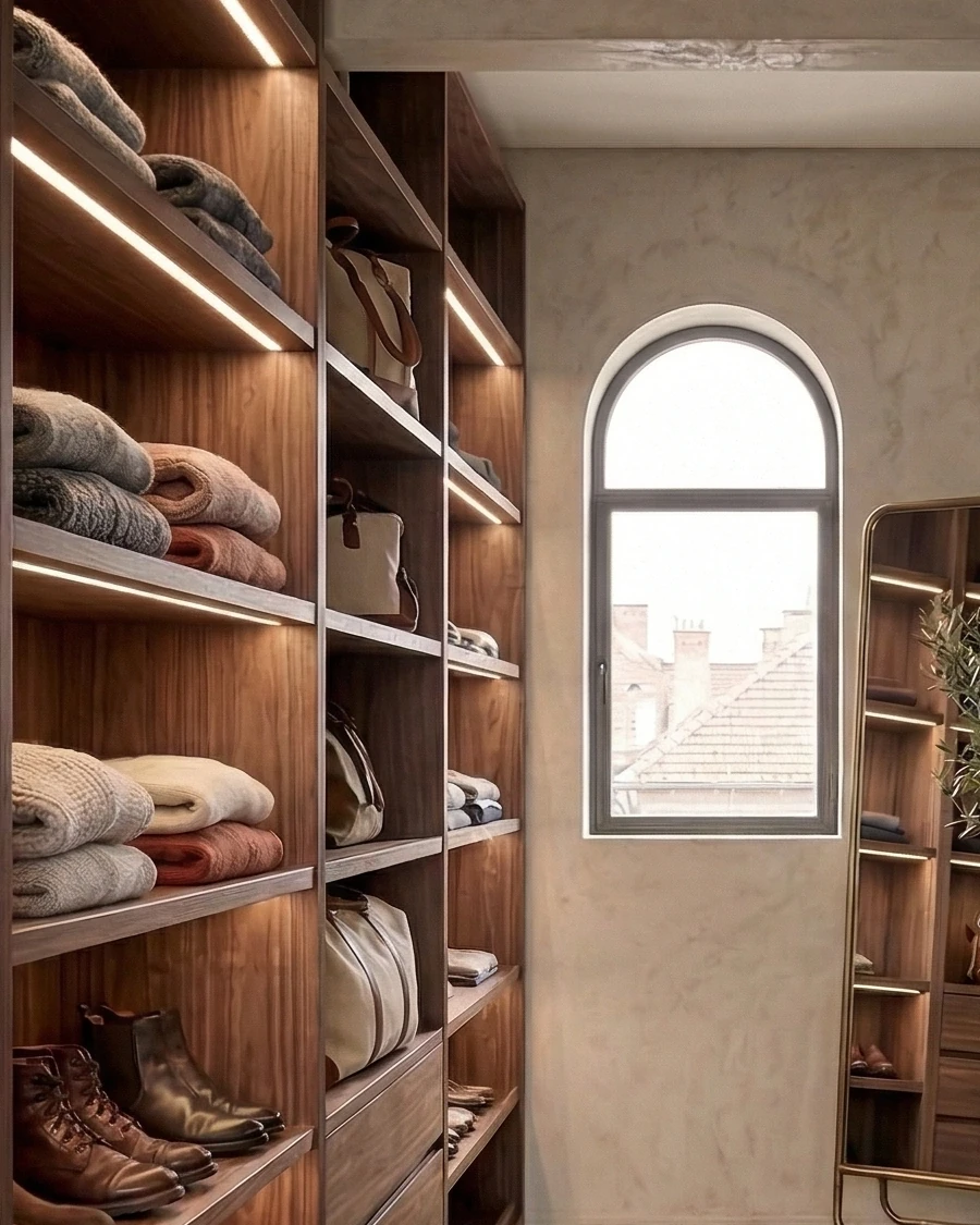 Open walnut shelves with under-shelf LED lighting, folded knitted jumpers and bags, and an arched window in the background