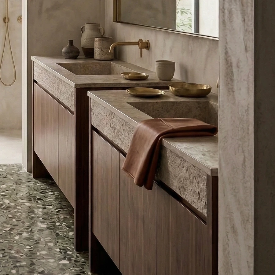 Two basins on walnut cabinets, a wall-mounted polished brass tap, small brass dishes, ceramics and a rust-brown towel