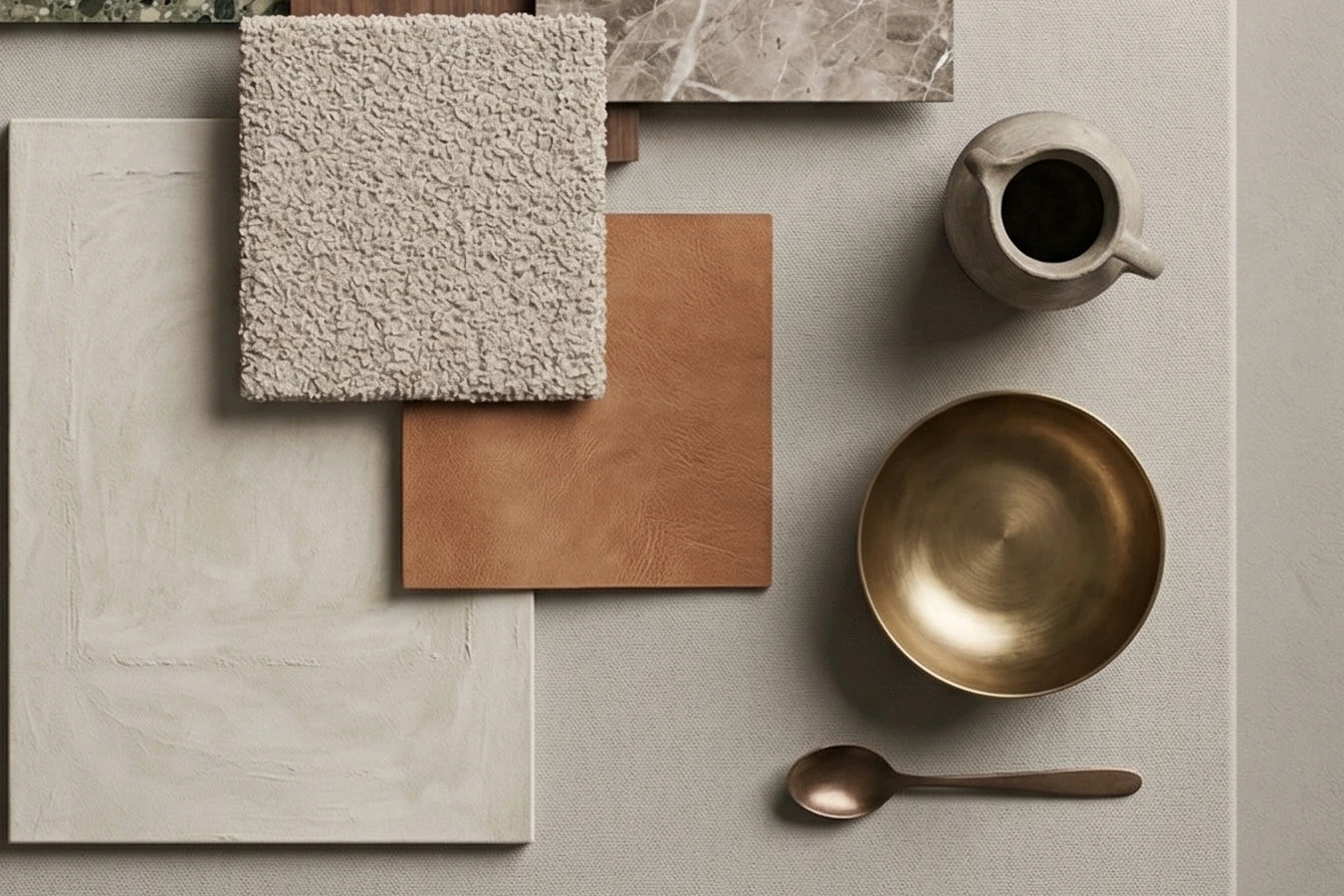 Samples of bouclé, leather and a light wall finish, with a ceramic jug, a brass bowl and spoon beside them