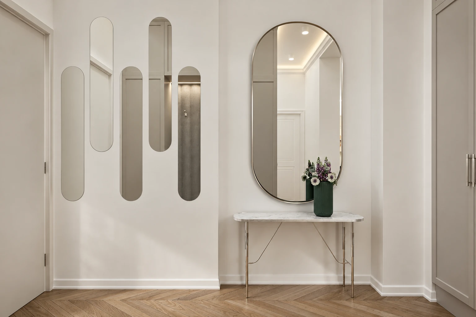Entrance hall wall with capsule-shaped mirrors and a larger metal-framed mirror beside them, with a marble-topped console table below it, on herringbone parquet