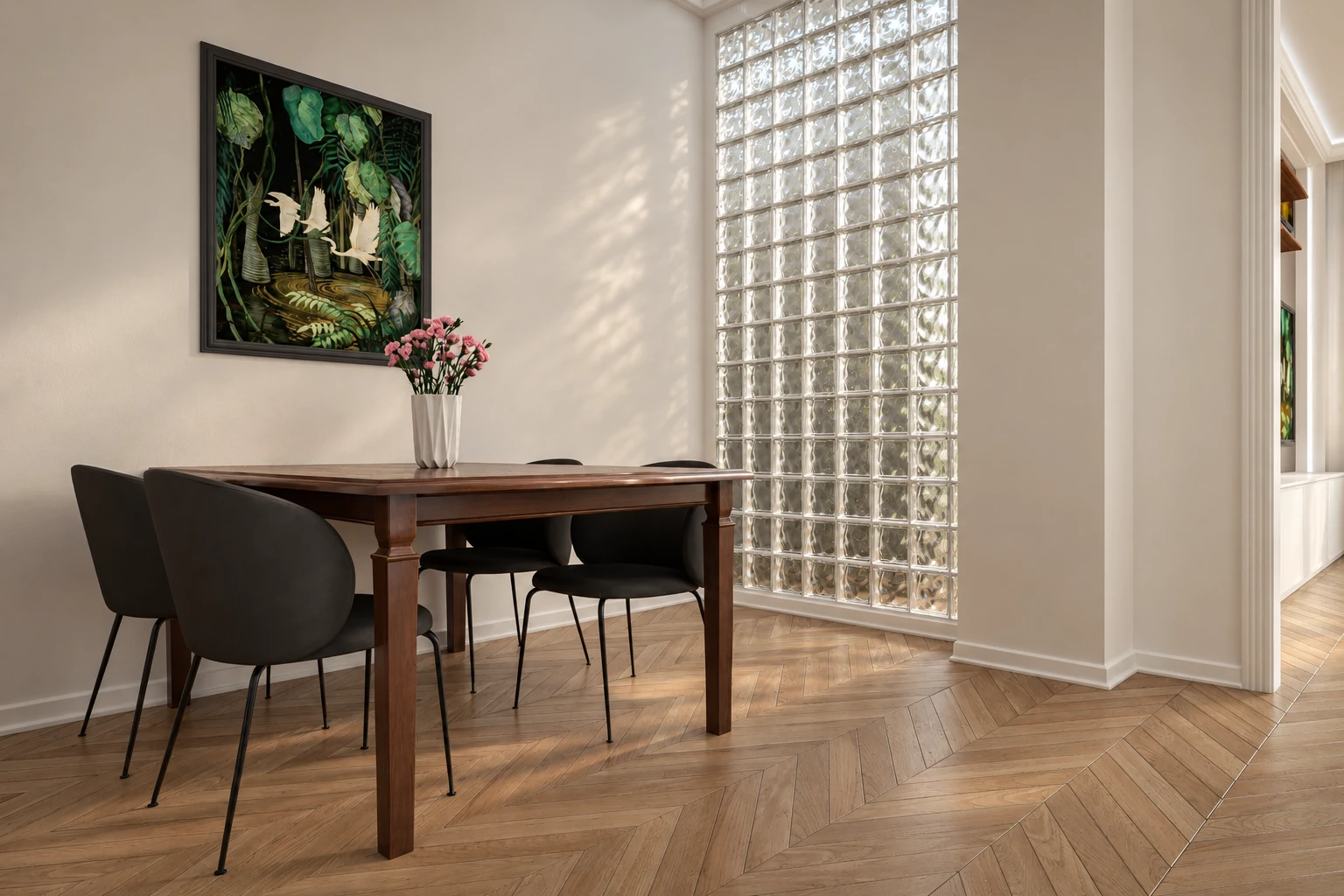 Dining area with a dark wooden table and four black upholstered chairs, beside a glass block wall with a rippled surface