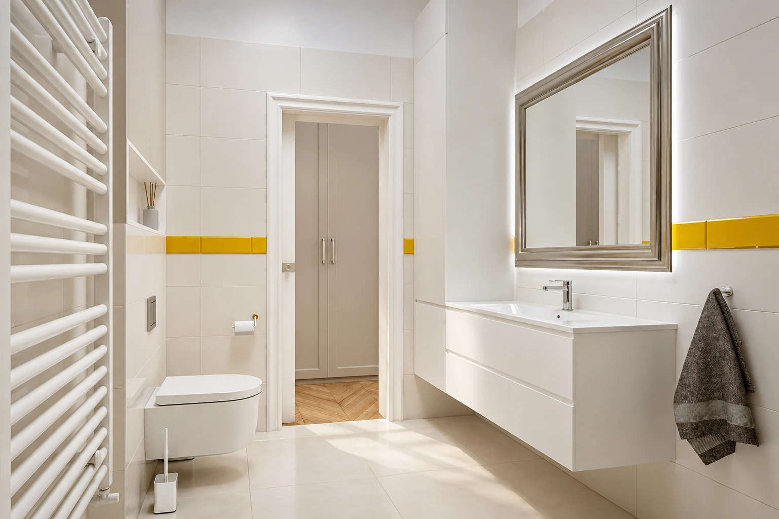 The bathroom looking towards the door: white large-format tiles, a band of yellow tiles, a backlit silver-framed mirror, a floating white vanity unit and a wall-hung toilet opposite