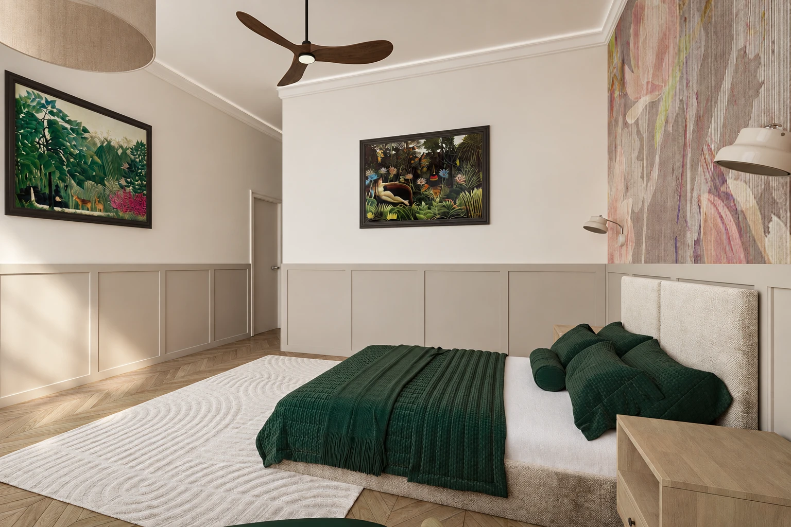 The larger bedroom with warm grey framed wall panelling, an upholstered headboard, botanical-print wallpaper and a ceiling fan with wooden blades