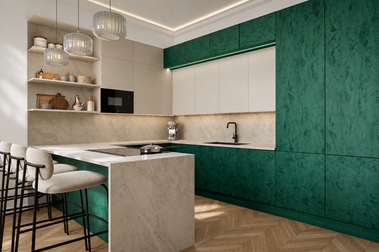 Kitchen with deep green fronts, a run of light cabinets above the worktop, a stone-effect worktop running down to the floor at the end of the peninsula, bar stools and pendant lights with ribbed glass shades