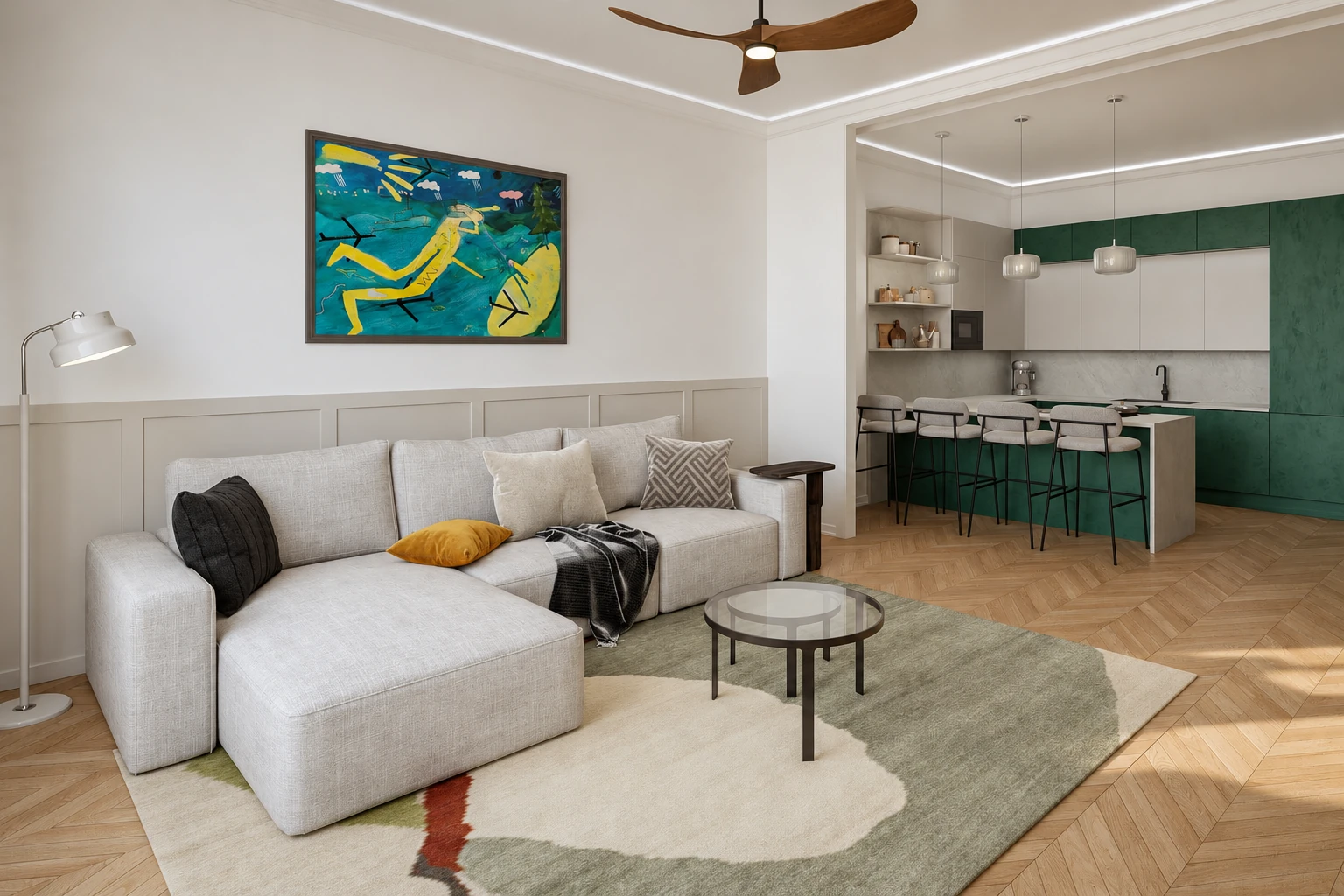 Light living room with a corner sofa and framed wall panelling, with the deep green kitchen peninsula and four bar stools through the wide opening on the right