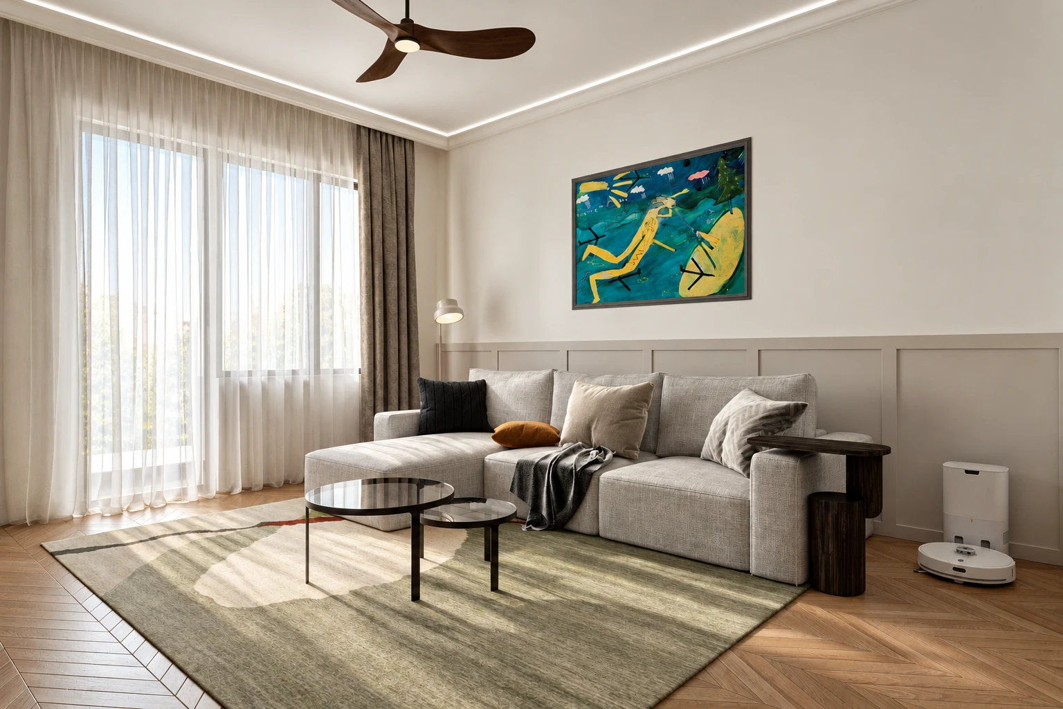 Living room with a light corner sofa by the window, round glass coffee tables, warm grey wall panelling and a moulded cornice