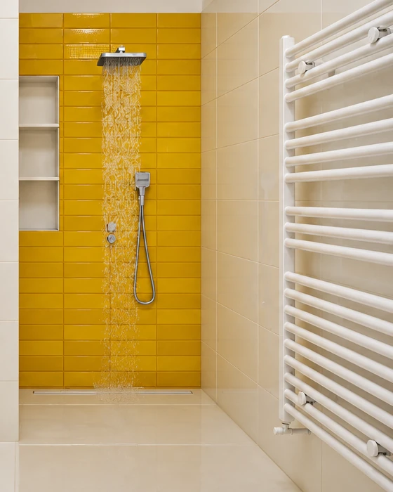 Shower with sunshine yellow, horizontally laid rectangular tiles, a recessed wall niche, a rain shower head and a heated towel rail