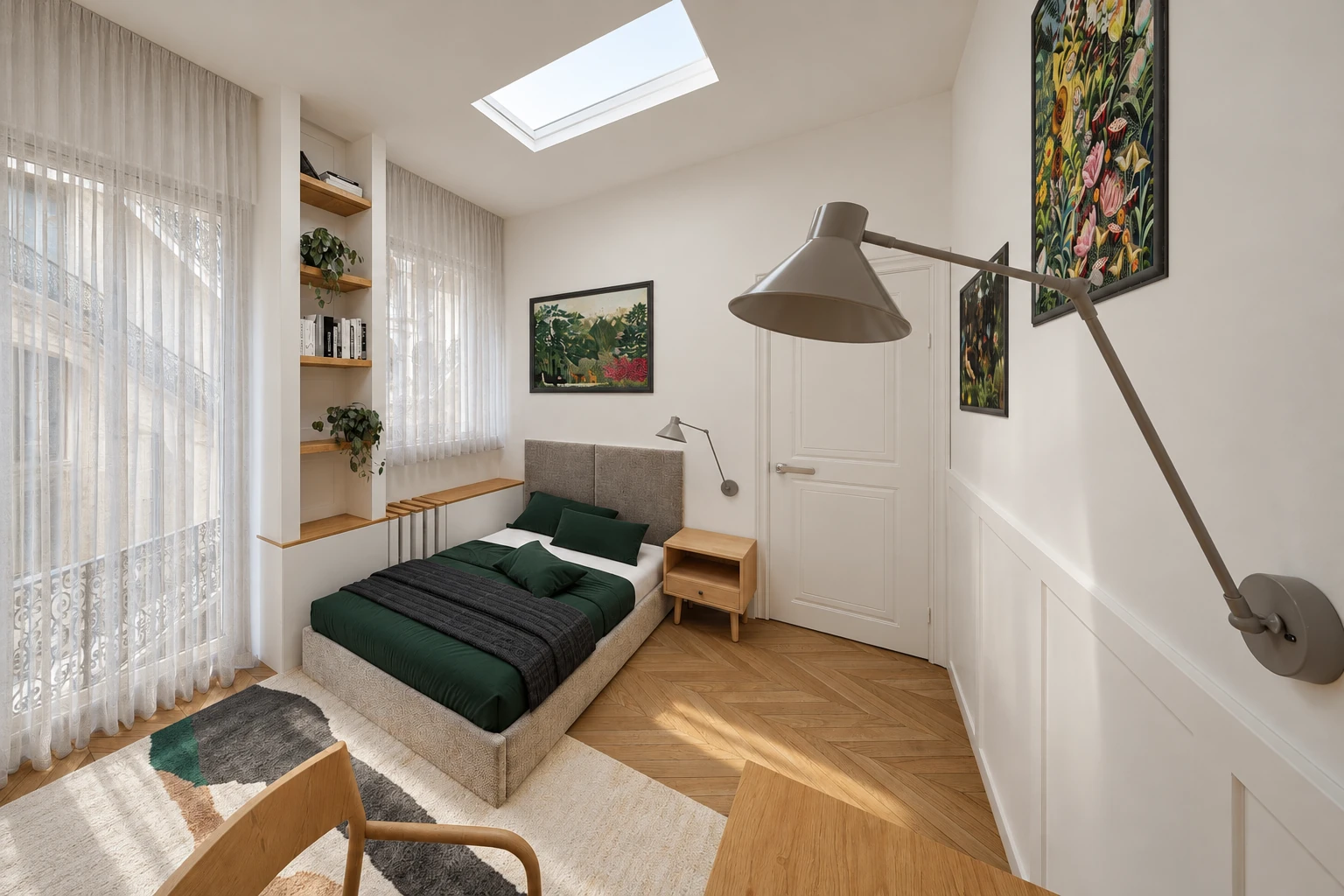 Smaller bedroom with a roof window, a wall niche with oak shelves, an upholstered bed and white framed wall panelling