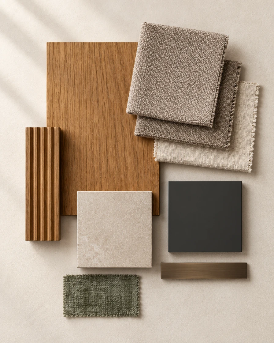Hangulattábla tölgy felületekkel, taupe textilekkel és sötétszürke részletekkel