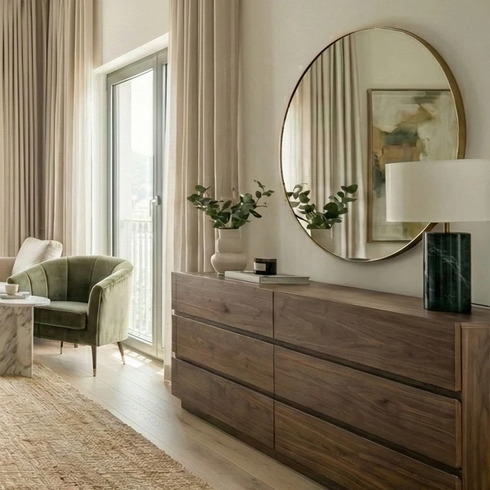 Dark-toned wooden chest of drawers with a lamp on a green stone base, and a round mirror with a thin metal frame above