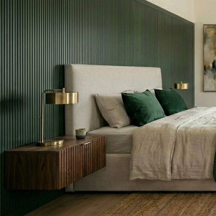 Floating wooden bedside table with a fluted front and a brass reading lamp in front of the green wall panel