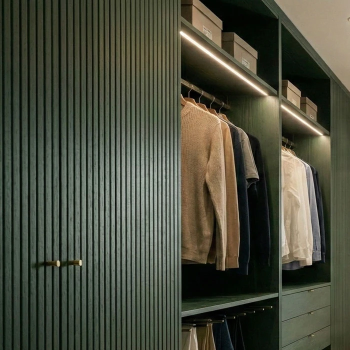 Green fluted wardrobe door with brass handles and lit open shelves