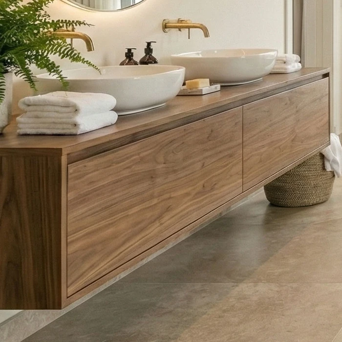 Floating wooden vanity unit with two basins and wall-mounted taps
