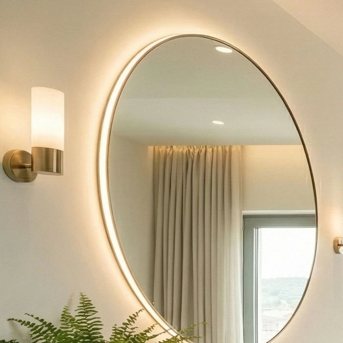 Large round mirror with backlighting all around and a wall light
