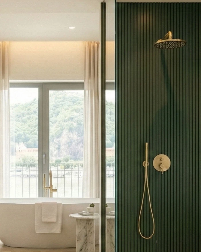 Textured deep green shower wall with a matt gold overhead shower and hand shower, the bath behind the glass screen