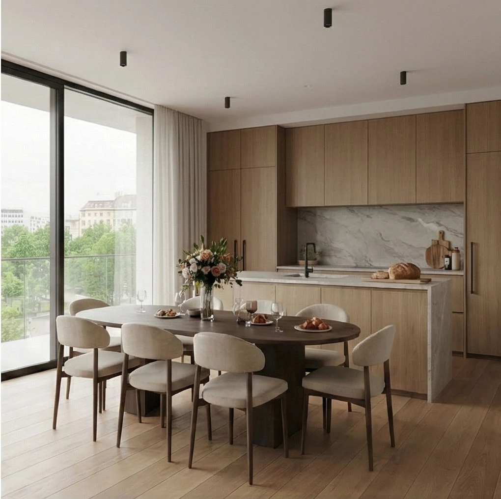 Oval dark wood dining table with upholstered chairs, and behind it the kitchen with wooden fronts and a marble-effect splashback