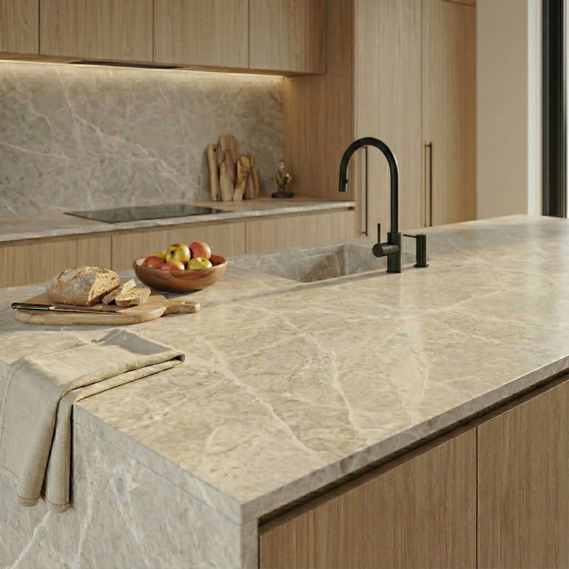 Kitchen island with a marble-effect worktop, wooden fronts and a black tap