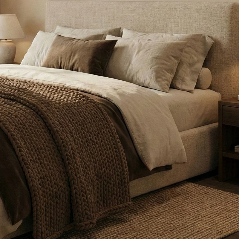 Knitted throw, soft bedding and a headboard upholstered in woven fabric