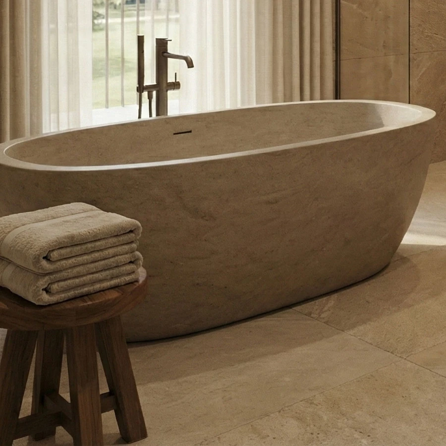 Freestanding stone-effect bath on a travertine floor, with a wooden stool and towels beside it