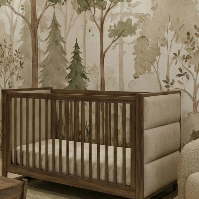 Wooden slatted cot with an upholstered side, in front of the forest-motif wall decoration