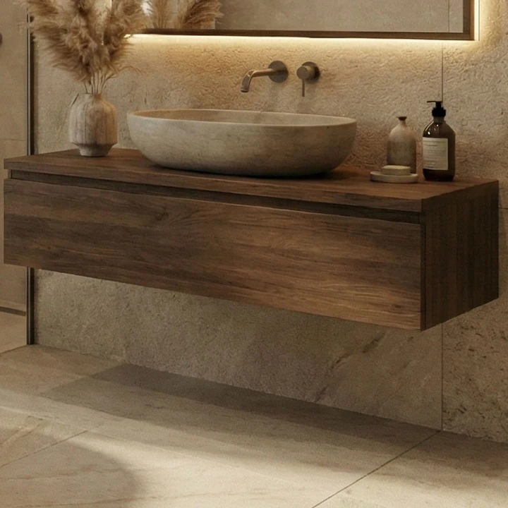 Stone-effect basin on the floating wooden vanity unit, with a wall-mounted tap