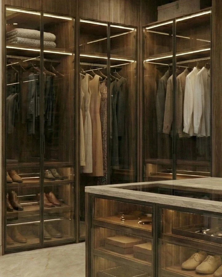 Glass-fronted wardrobe cabinets with integrated LED lighting