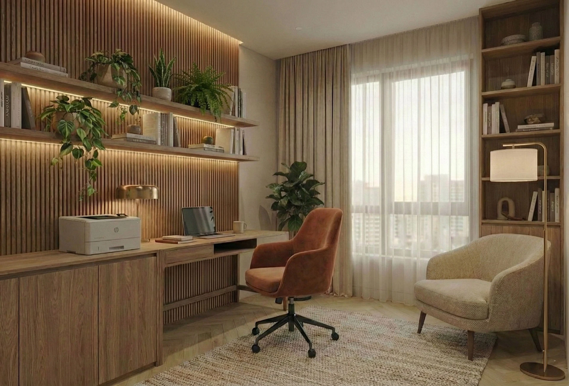 Study with a wood-slatted wall, shelves with concealed lighting, a terracotta desk chair and a reading armchair