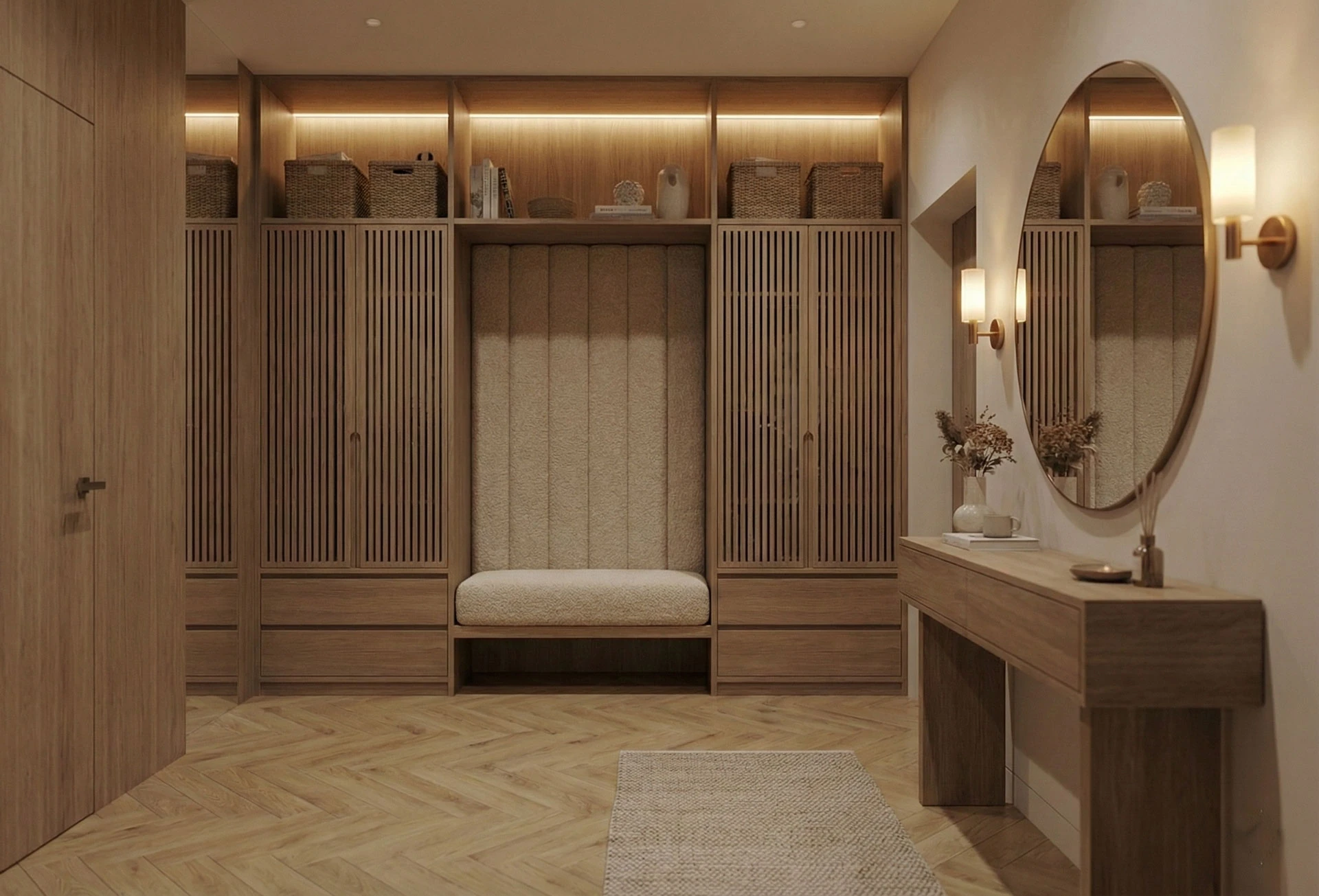 Entrance hall with floor-to-ceiling oak cabinetry, an upholstered bench, a round mirror and brass wall sconces