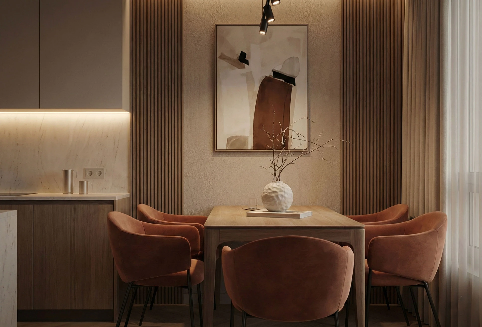 Dining corner with a wooden table, terracotta velvet chairs, an abstract painting and two bands of wood slats on the wall