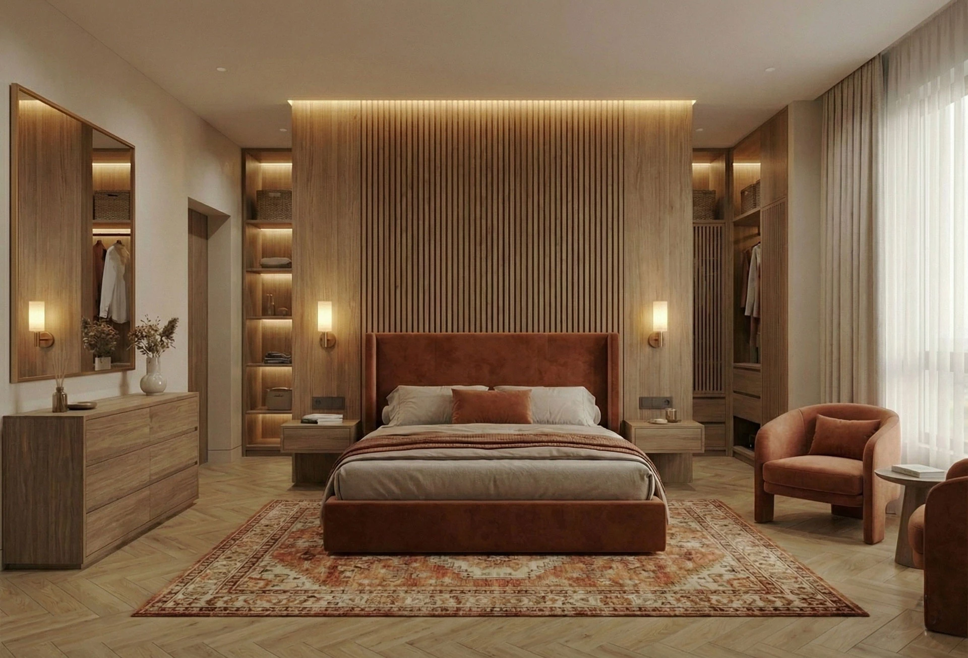 Bedroom with a terracotta velvet bed frame, a wood-slatted wall behind the bed, illuminated open shelves and an armchair