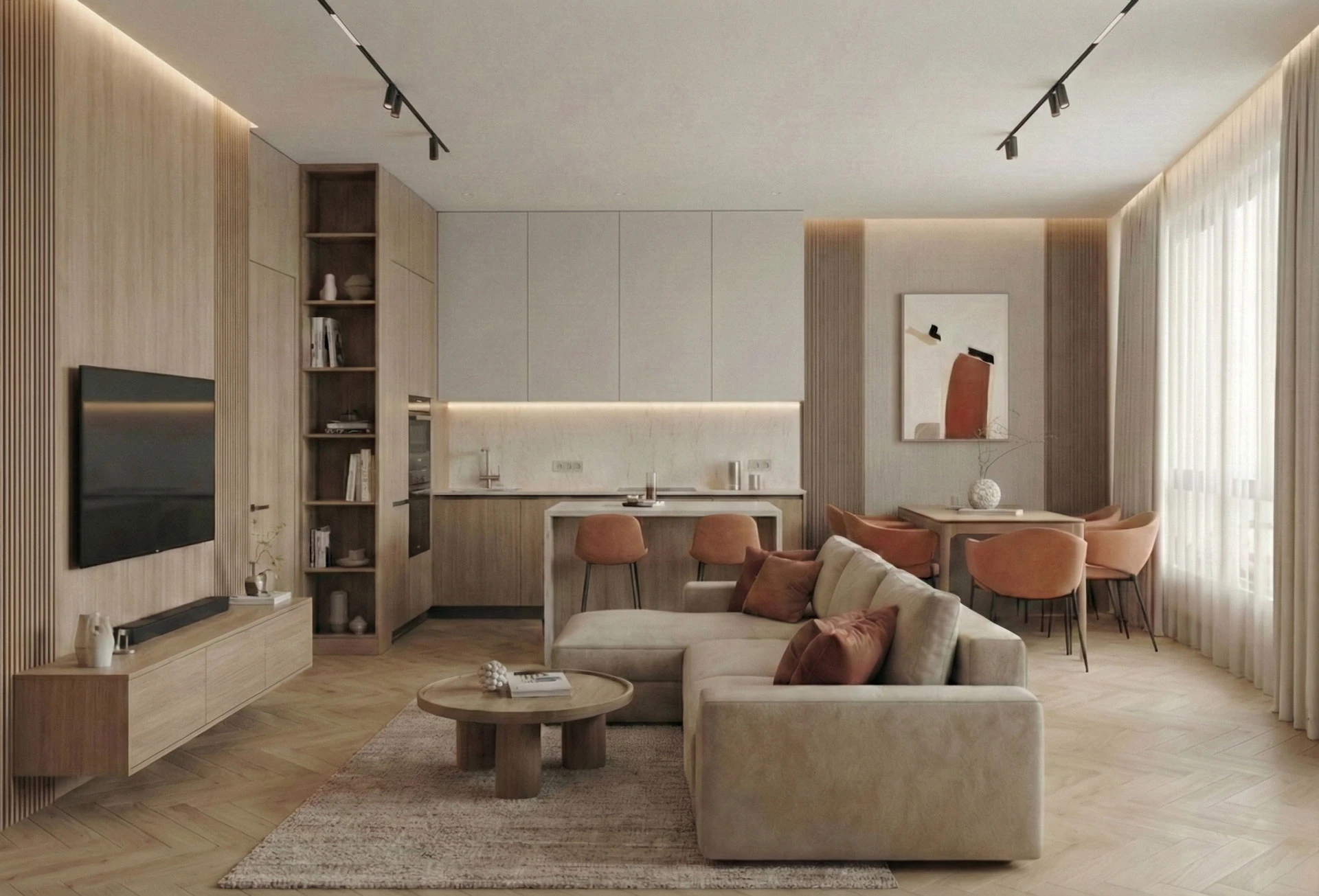 Living room with a wood-slatted TV wall, a beige corner sofa and terracotta cushions, with the kitchen and dining area in the background