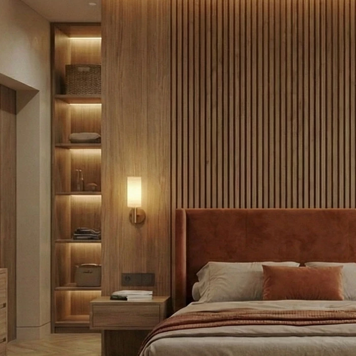 Open shelves with concealed lighting, a brass wall sconce and wood-slatted cladding in the bedroom