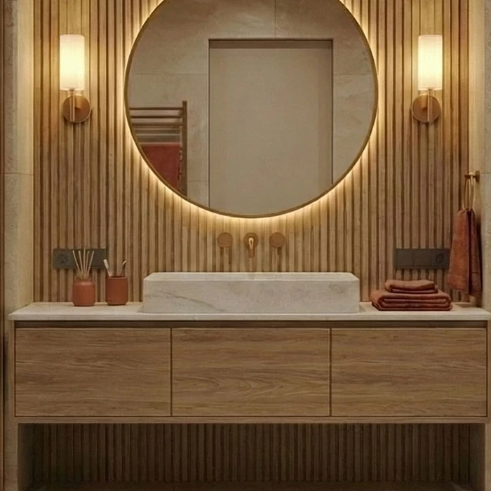 Stone-effect washbasin on a wooden vanity unit, a backlit round mirror, brass wall sconces and a wall-mounted tap against a fluted wood backdrop