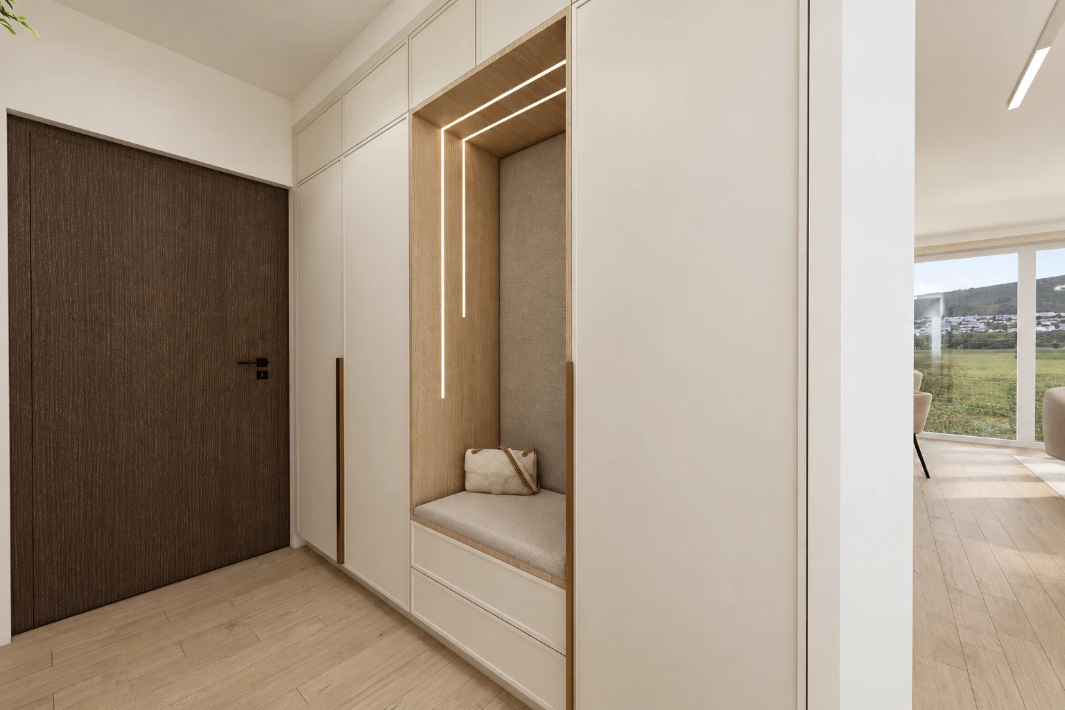 Entrance hall with a dark walnut front door and a full-height run of pale beige cupboards, including an oak-framed seating niche with an upholstered back, light strips and drawers, with a view through to the living room on the right