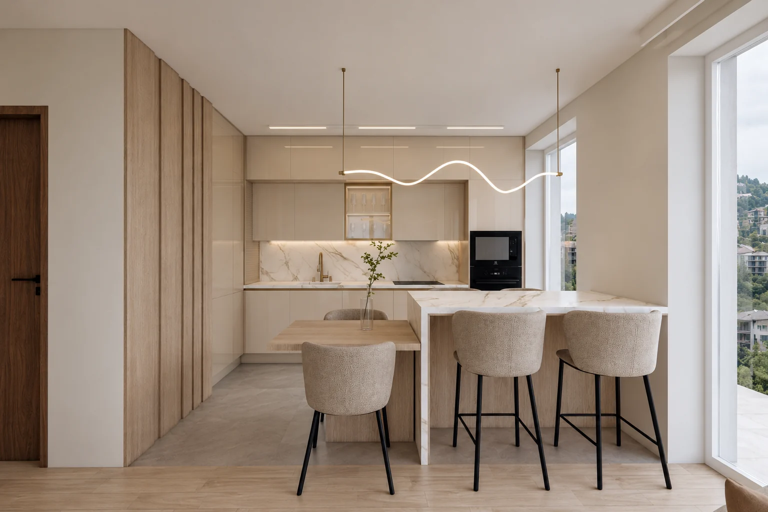 Front view of the kitchen with pale beige high-gloss fronts and a marble-effect splashback, an island with bar stools in front of it and an oak table top joined to the island, oak slatted wall cladding on the left, wood-effect flooring in the foreground and stone-effect flooring further back
