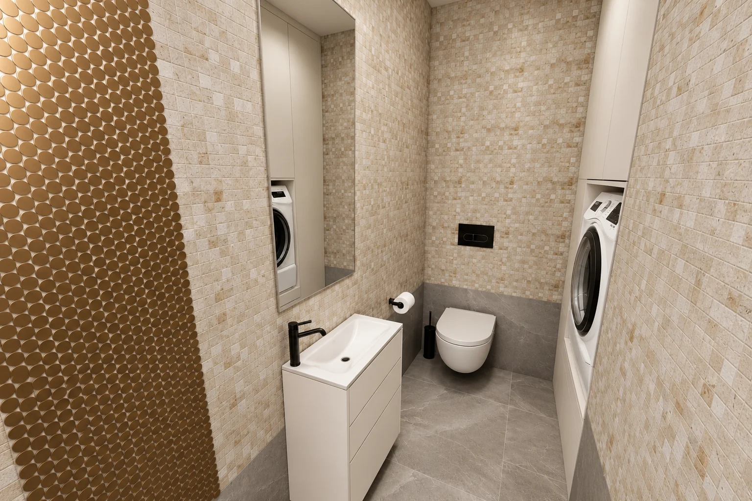 Washroom with a band of round gold mosaic tiles, beige square mosaic, a grey stone-effect floor, a narrow white vanity unit, a black tap, a wall-hung WC and a washing machine in the recess of a built-in cupboard