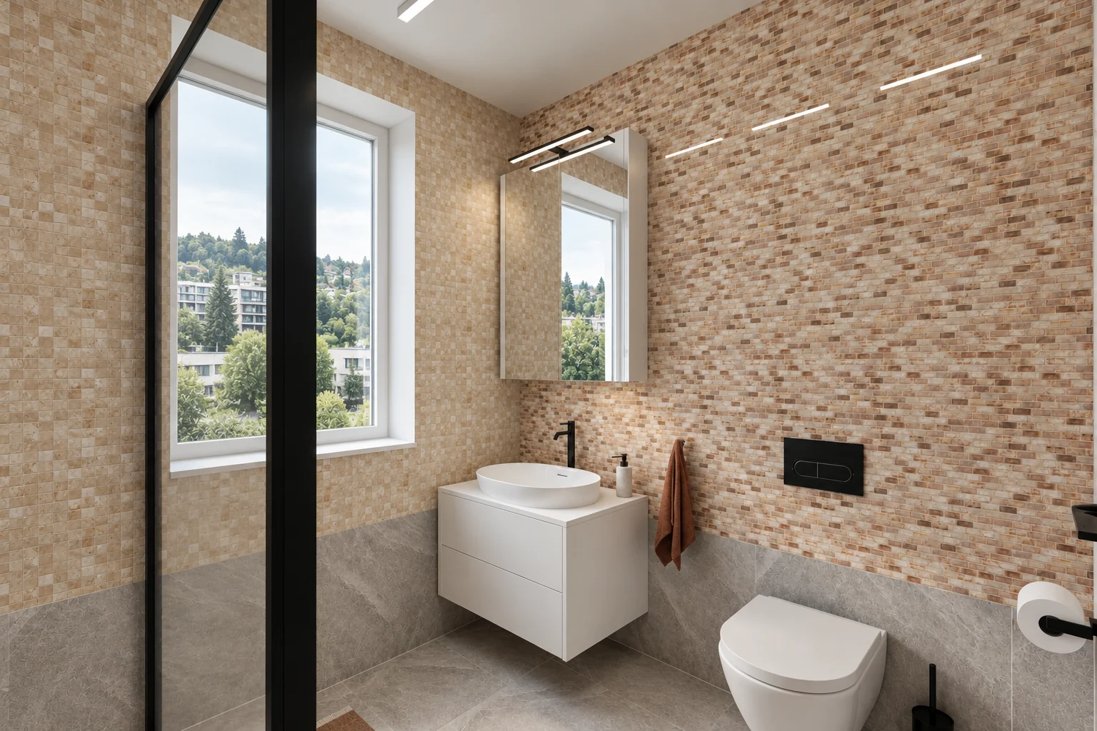 Bathroom with a brick-pattern mosaic wall, small square mosaic and grey stone-effect tiling on the lower wall, a black-framed shower screen, a countertop basin on a floating white vanity unit, a mirror cabinet, a black tap and a wall-hung WC
