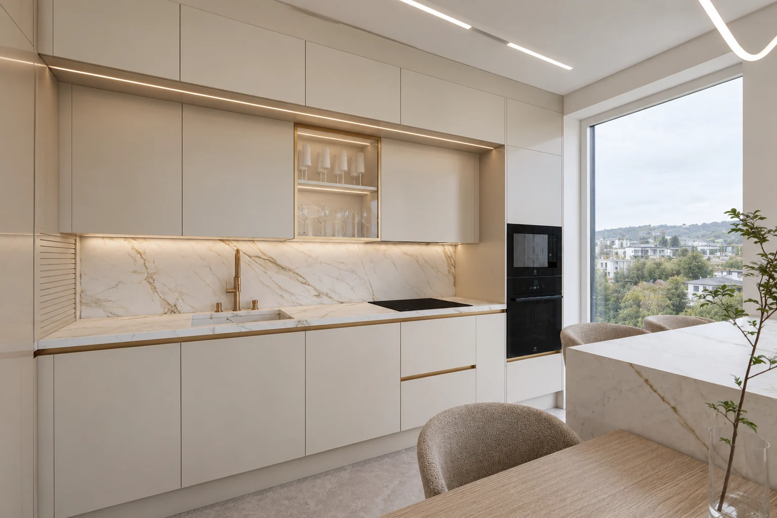 Kitchen run with pale beige high-gloss fronts, a gold-bronze-framed glazed display cabinet, a marble-effect splashback and worktop and a gold-bronze tap, with a black oven and microwave in a tall unit on the right
