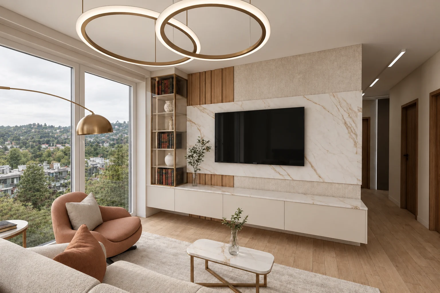 Living room with a marble-effect TV wall, oak slats and a beige wall section behind it, a gold-bronze-framed display cabinet on the left, a pendant light of two interlocking rings above the seating area, and a terracotta armchair and an arched floor lamp in the left foreground