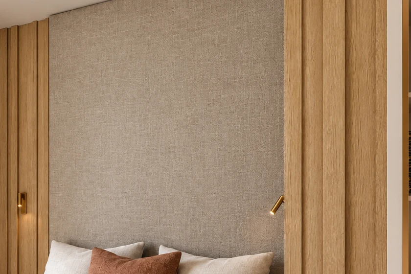 Upholstered wall panel behind the bed in the sleeping alcove, flanked by oak slats with gold-bronze wall reading lights mounted on them