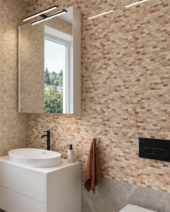 Warm-toned brick-pattern mosaic wall with a mirror cabinet topped by a black linear light, a countertop basin with a black tap below it, and a black WC flush plate on the right