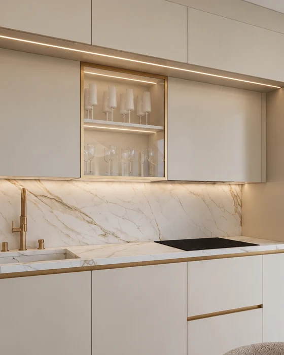 Gold-bronze-framed glazed display cabinet between the pale beige high-gloss wall units, with the marble-effect splashback, a gold-bronze tap and the metal profile along the edge of the worktop below