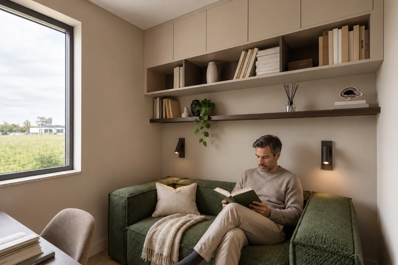 Lifestyle image of the study corner: a man reading on the green sofa below the wall shelves