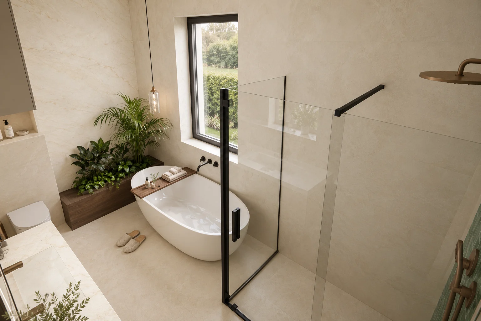 Bathroom with a freestanding bath, a built-in planter and a black-framed shower screen