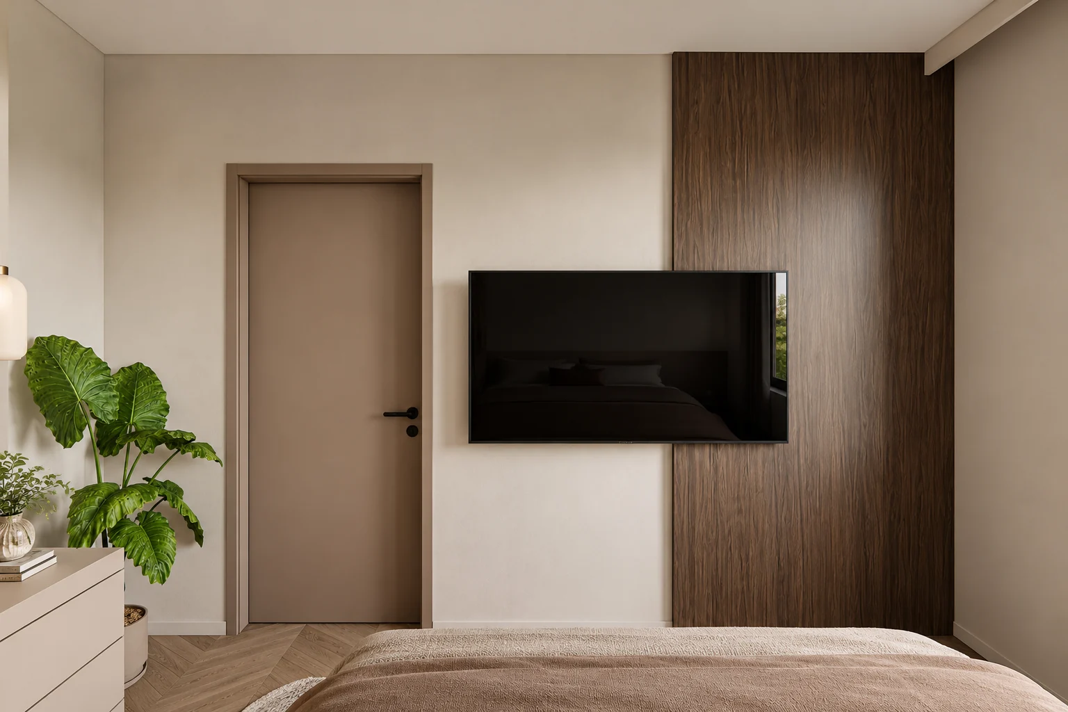 Bedroom with a dark wood wall panel, a wall-mounted TV and a houseplant