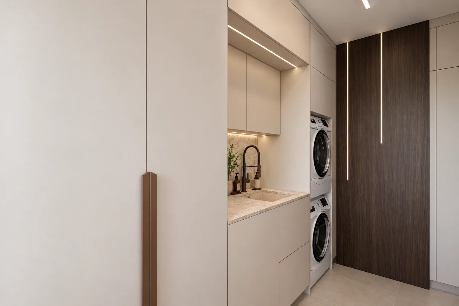 Utility room with floor-to-ceiling cabinets, a stacked washing machine and dryer, a sink and a dark wood door